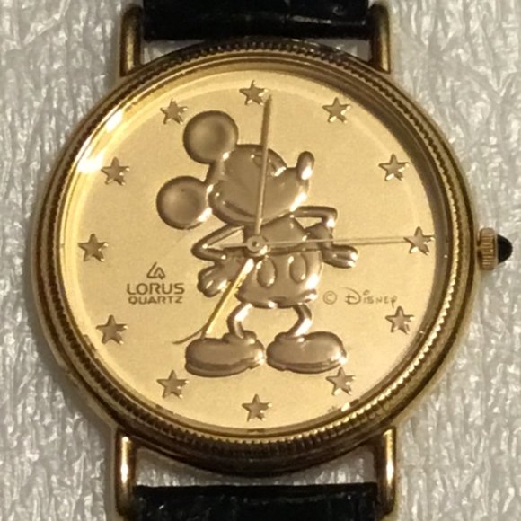 Vintage Disney Mickey Mouse gold face watch by Lorus w/ black watch band main image 6